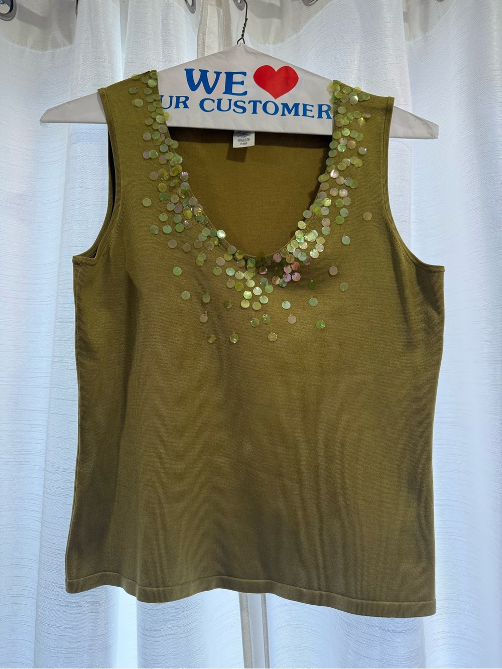 Vintage Jones New York Olive Green silk Sequin Scoop Neck